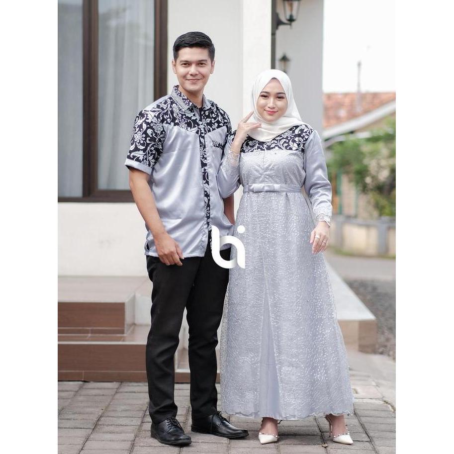 Bi - baju batik couple gamis kombinasi batik prada bakung fashion muslim Batik Irfana panjang kondan