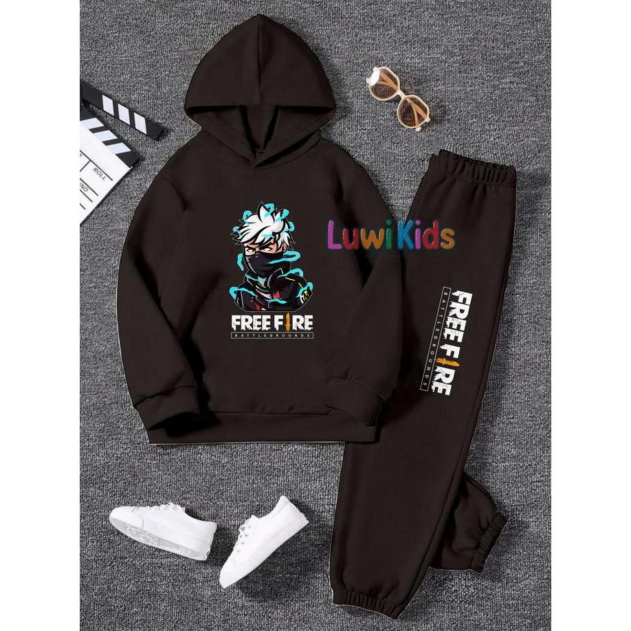 Luwi Kids Setelan Sweater Hoodie Topi Anak Remaja Gambar FF Aura Baju Celana Fashion