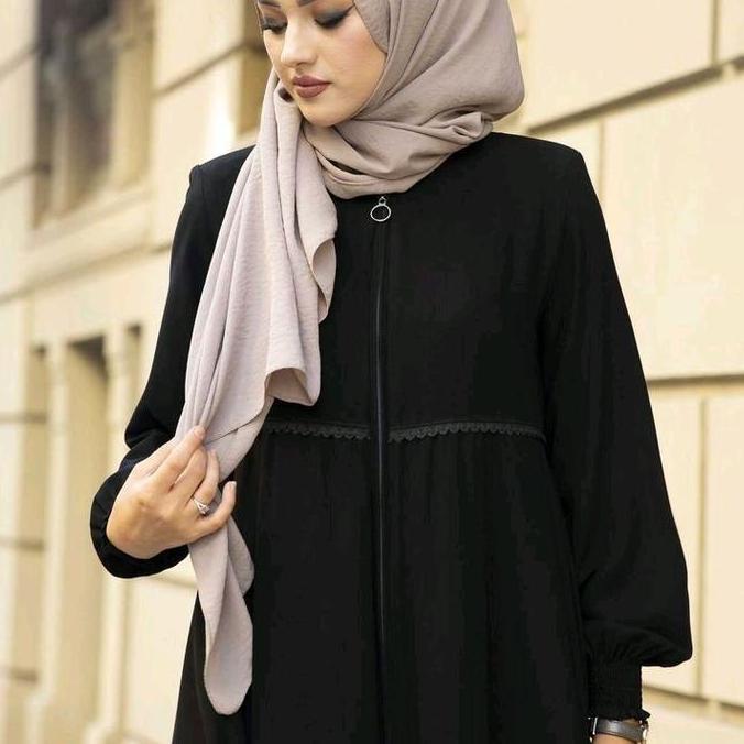 abaya bleck series other ziper asri 100cm Dress Remaja Syari Hitam  Kombinasi Renda Mewah Zipper Tur