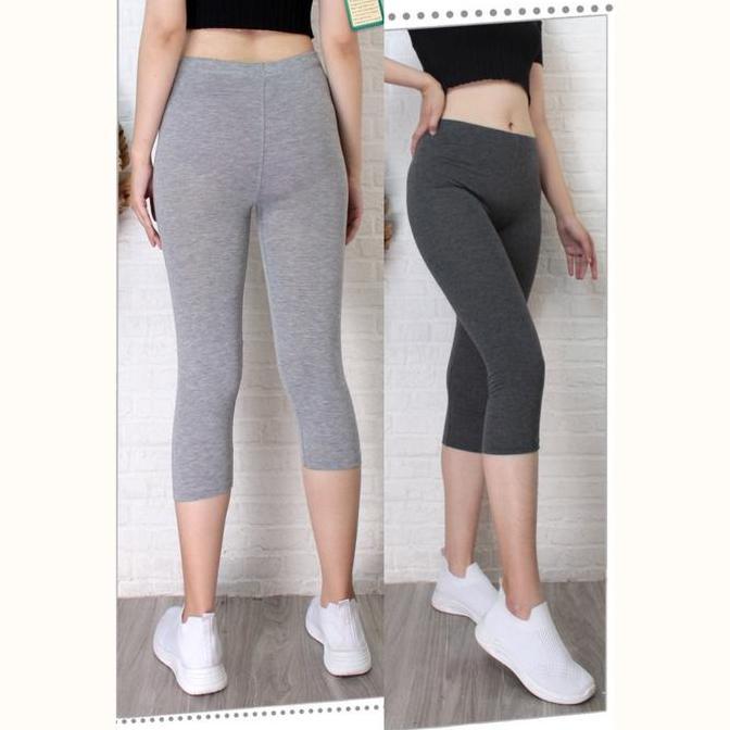 Yurima- Paket 2 Pcs Legging Kaos 3/4 Pendek Motif Polos Celana Standar Dewasa Hitam Panjang Selutut 