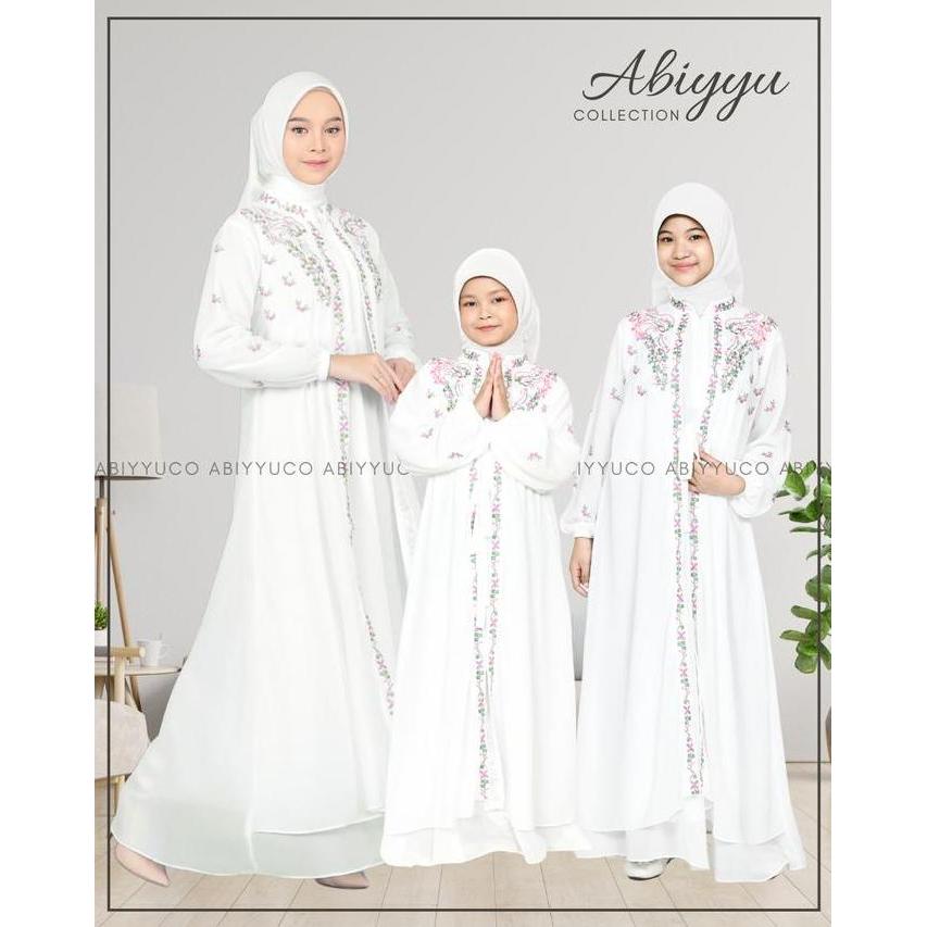Abiyyuco TA9051 | Gamis Couple Ibu Dan Anak Ceruty Babydool Putih Tulang Premium Bordir Bunga Ceruti
