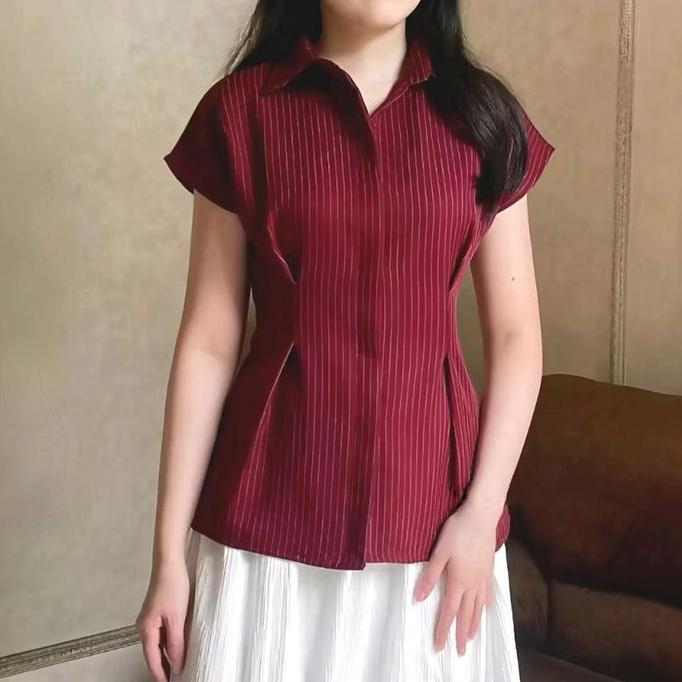 Topyoux- Alba Top - Kemeja Wanita Salur Slim Fit Lengan Pendek | Atasan Kemeja Cewek Kekinian | Baju