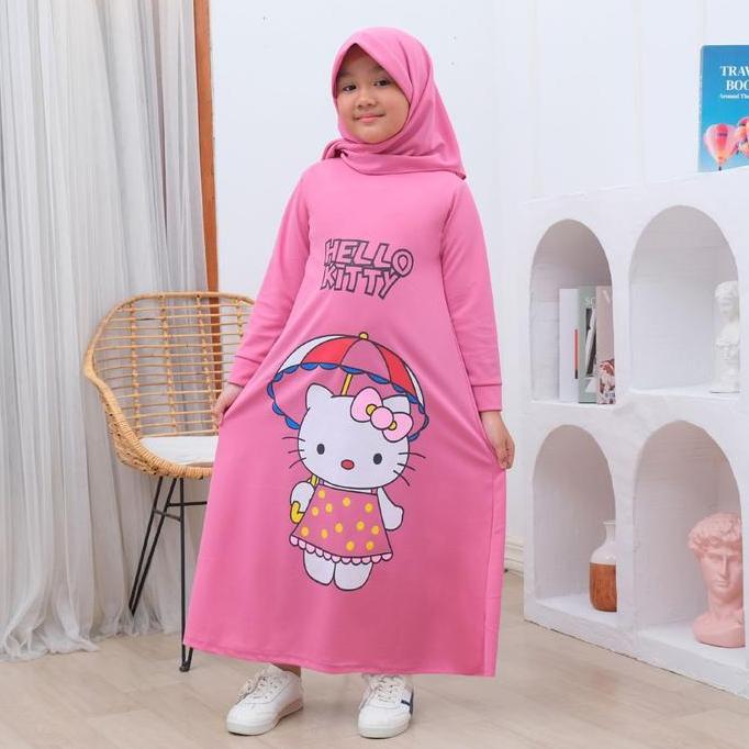 Colkid- Kitin - Gamis Anak Set Hijab 2-9 Tahun Motif Hello Kitty Bahan Rayon Licin Tunik Jilbab Leba