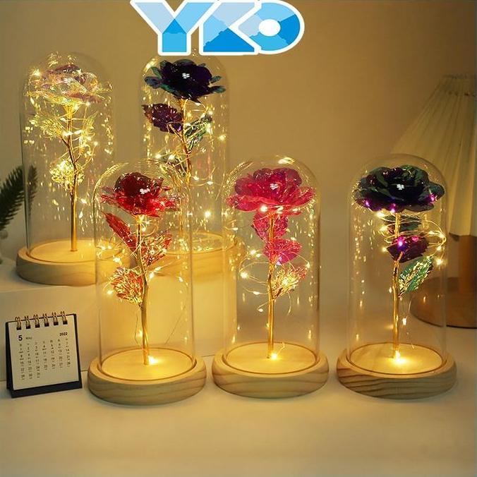 Flowandbe- Yko Lampu Led Diy Bunga Mawar Plastik Beauty And The Beast Rose Valentine Hadiah Botany L