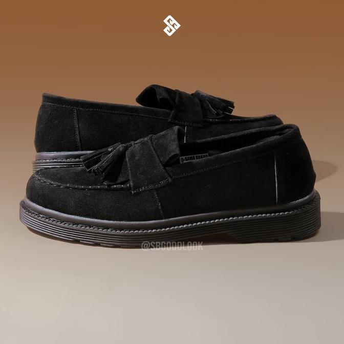 Kets- Sepatu Pria Slip On Loafers Formal | Sb Aletta Suede Black Karet Flat Shoes Sneakers Hitam