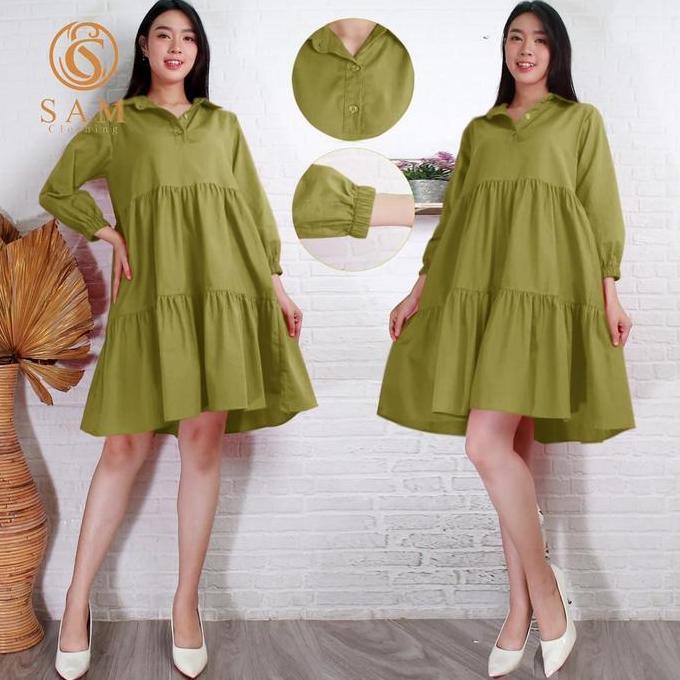 Promo Midi Dress Luna Polos Lengan Panjang Poplin import - Dress Wanita Casual Katun Simple Diskon