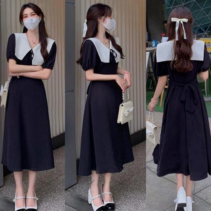 Promo BJFashionWanita / Dress Whitely polos kombinasi putih lengan pendek karet jumbo bigsize midi D