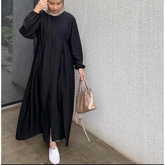 Tahan Lama Dress Polos Linen Tali Pinggang Hazzel Best Seller Fit Kain Kancing Panjang Mewah Wanita 