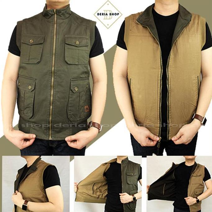 Boywings- Rompi Bolak Balik Jeep Pria Tactical Outdoor Import Bahan Kanvas Khaki Hijau Jaket Motor S