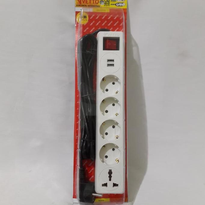 TERBARU - Stop Kontak 4 Lubang+2 Colokan USB+1 Colokan Kaki 3+ Kabel 3m VETTO