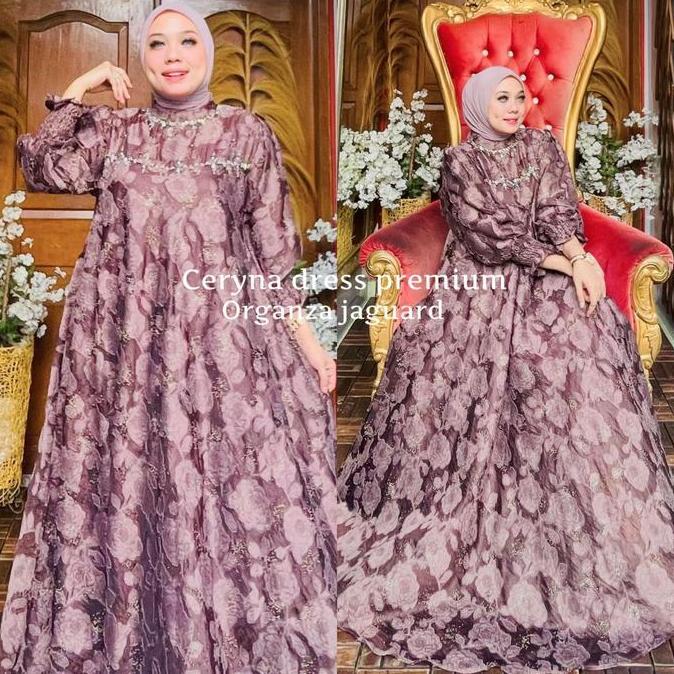 DF330 - Dress Ceryna Kondangan Organza Jaguard by Ohc Gamis Muslim Wanita Mewah Pesta Lebaran Maxi D