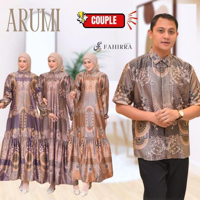 DR112 - Couple Dress ARUMI Bahan Silk Premium | Gamis Kondangan Lengan Balon Motif Bunga Elegan 2025