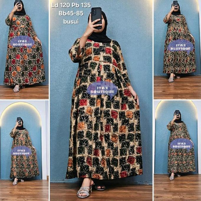DB180 - Baju Wanita Dress Cantik Colet Rayon Premium Serian - Motif, Muslim Biru Gamis Nyaman Pekalo