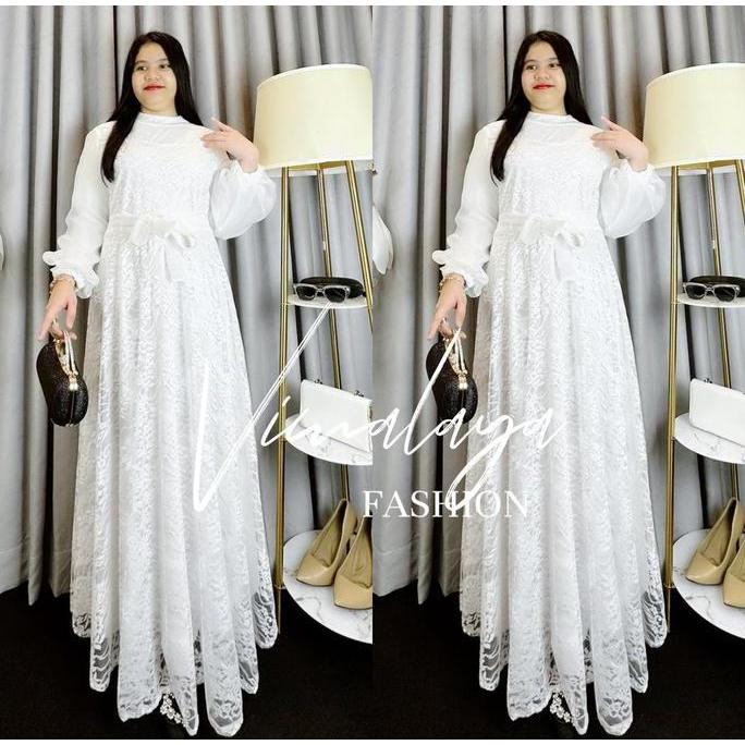 DE125 - Gamis Brokat Putih Kombinasi Organza 6291 Baju Muslim Vima