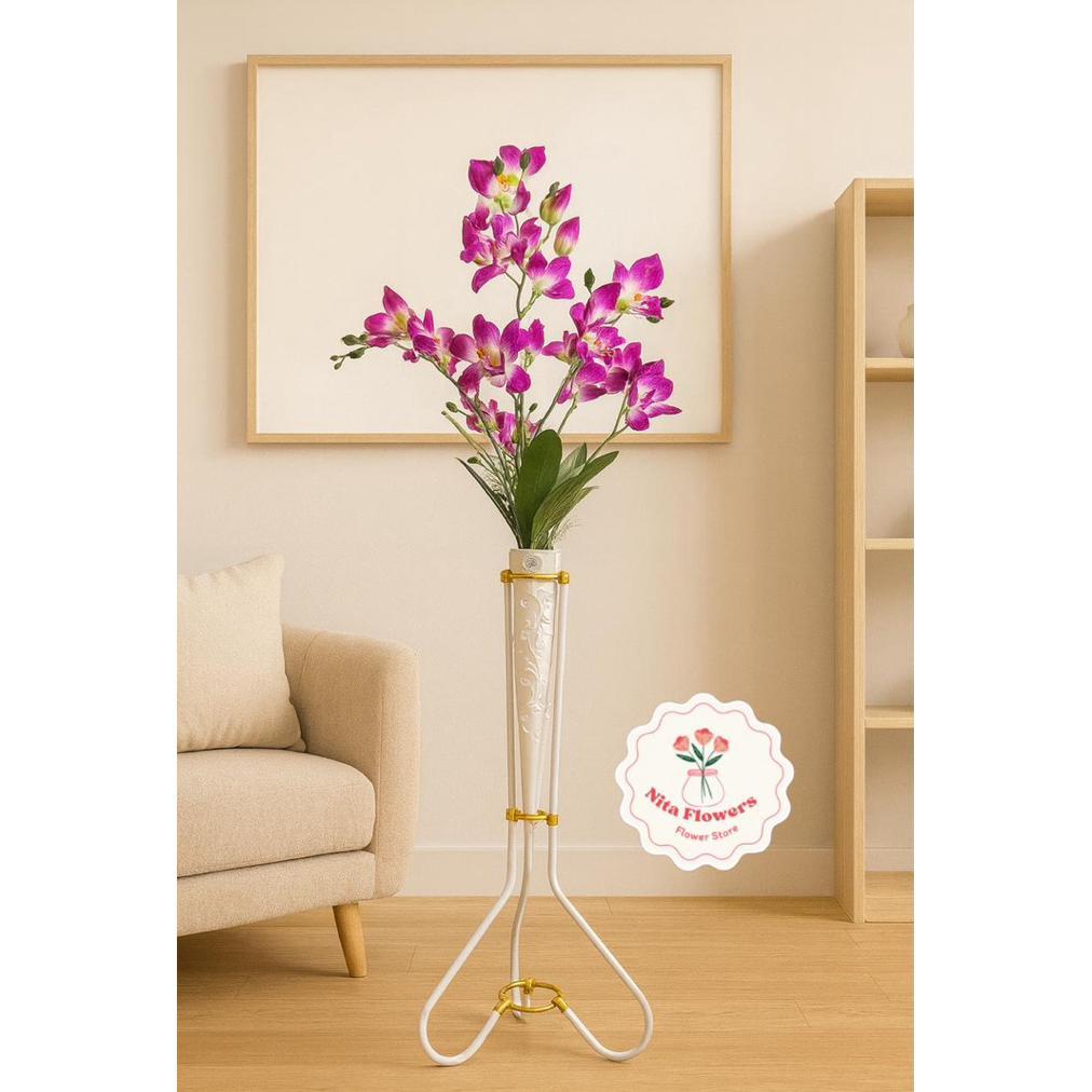 Terlaris Bunga Anggrek Cymbidium Artificial Premium Berikut Dengan Pot Dan Standing Besi Bunga Hias 