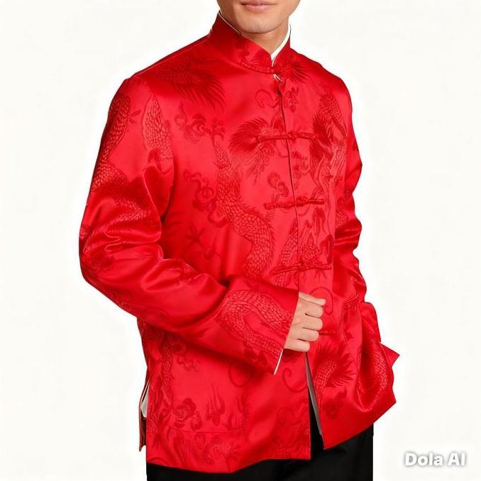 Promo Baju Imlek Cheongsam Pria Lengan Panjang Motif Naga Satin Sutera Import