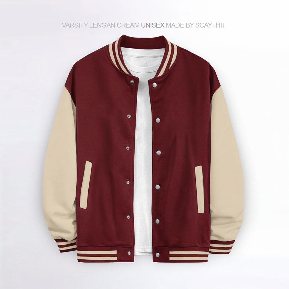 GARANSI Scaythit - Jaket Varsity Polos Marun Cream Unisex ( Pria - Wanita ) Jaket Varsity Kancing