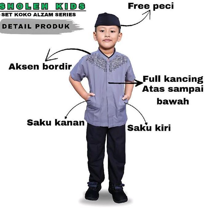 Sholeh kids Setelan Koko Anak Alzam Series Lengan Pendek Usia 1-12 Tahun Free Peci Kode 1293
