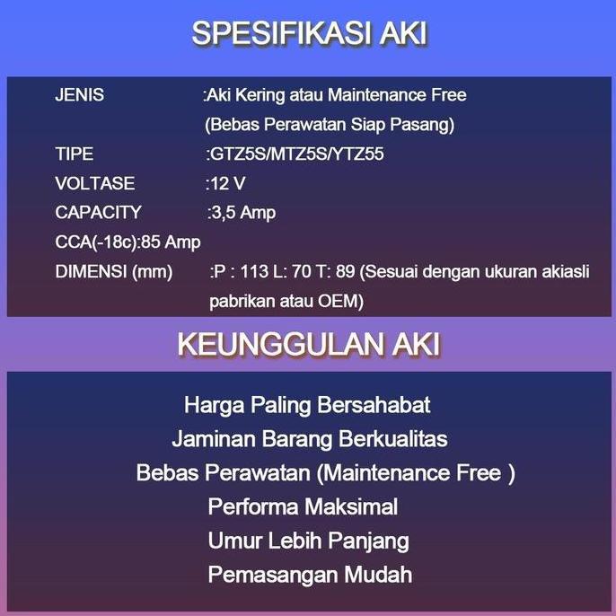 Cod,Bisa- Aki Motor Beat Gtz5S 5Ah Aki Motor Honda Beat Fi Beat Street Beat Pop Aki Kering Mf