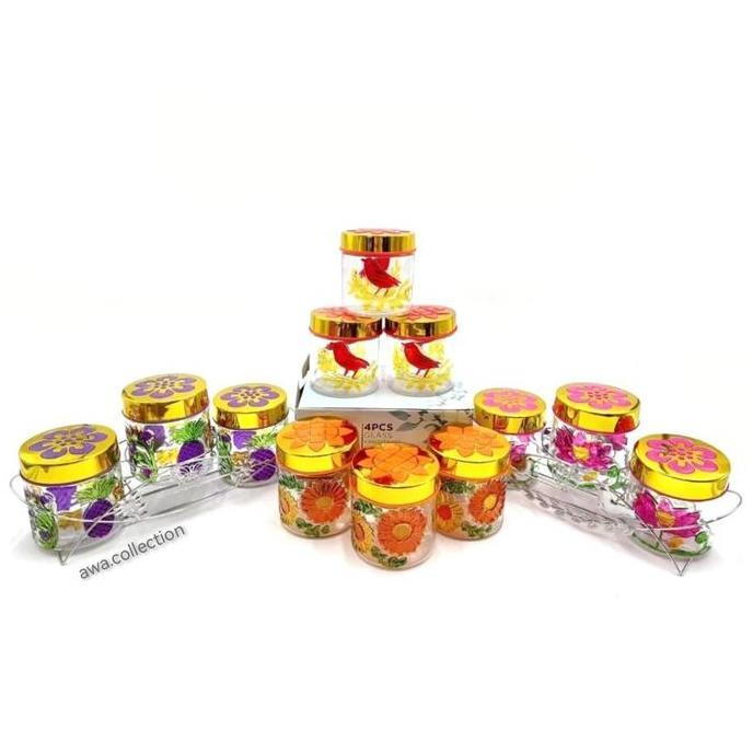 [3in1] Set Toples Kaca Warna-Serbaguna Tebal Isi 3 Toples+1 Rak Stainless
