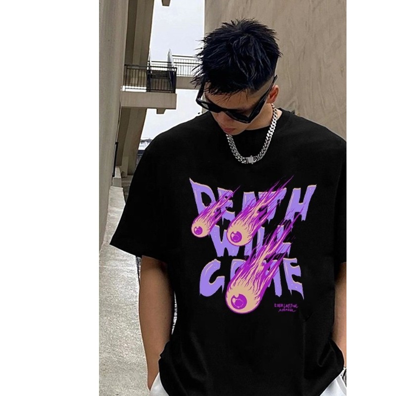 Kaos wanita pria Hitam Ungu Api Meteor Merah Muda Gaya Jalanan Gelap Punk kaos pria wanita atasan Le