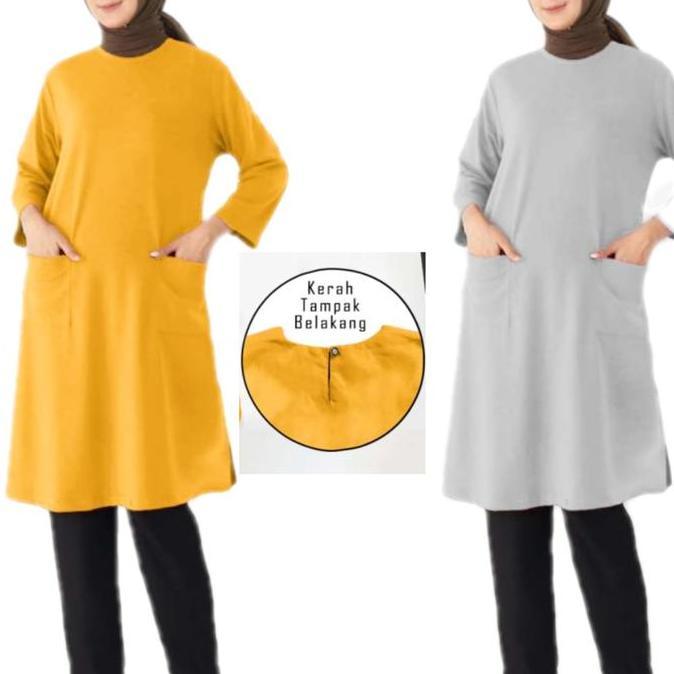 Tunik Dress Wanita Muslim Polos Terkini Abu Katun Lembut