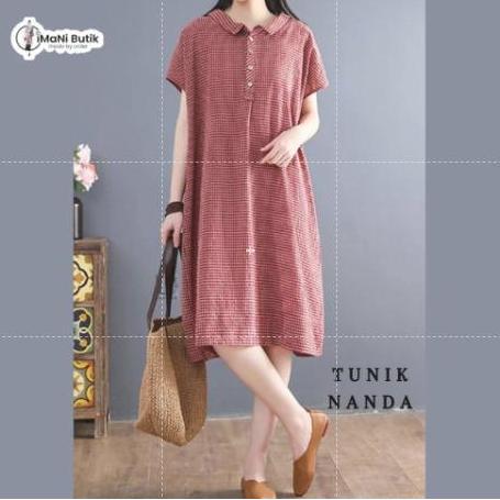Imani Butik Tunik Nanda Fashion Muslim Wanita Model Polos Midi Dress Panjang Dewasa Kancing Katun Ca