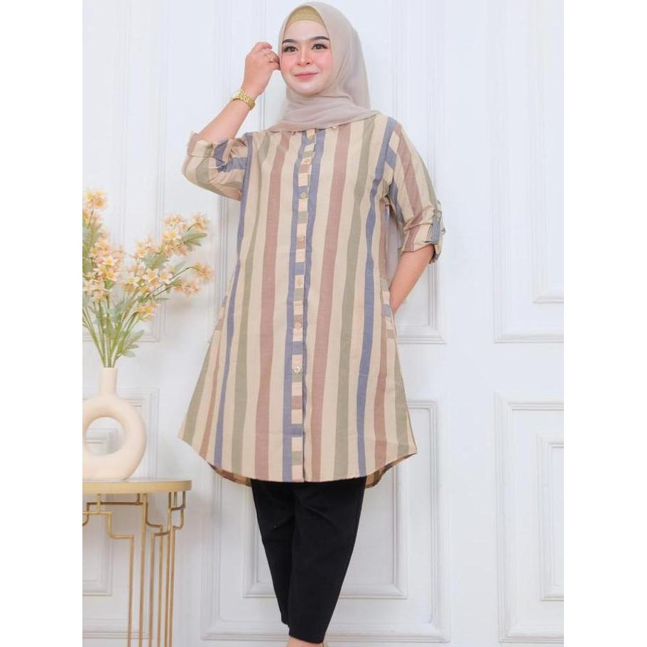 Tunik Katun LD 110 - TSB06 Strip Salur Elegan  Wanita Atasan Jumbo Baju Garis Kancing Depan Panjang 