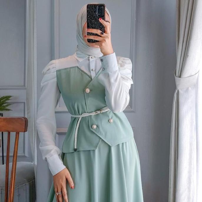 LUXE_ID_ Estelle Set Skirt Matcha (Free Belt) | One Set Wanita | Setelan Korea | Setelan Formal | Se