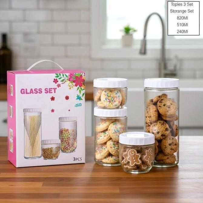 Toples Kaca Royal 3in1 | Set 3 in 1 Toples Kaca Salur Minimalis | Wadah Penyimpanan Makanan Kedap Ud