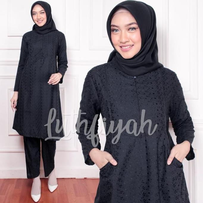 Luthfiyah STELAN CELANA LC KATUN PUTIH Motif Bunga Renda Kombinasi Nyaman Atasan Baju Muslim Panjang