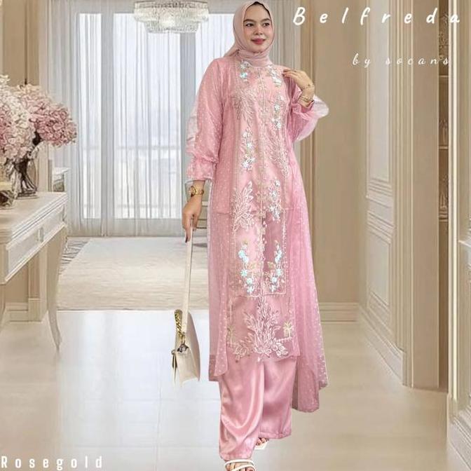BELFREDA oneset setelan tunik celana brukat utk pesta kondangan hajatan kajian lebaran Atasan Bordir