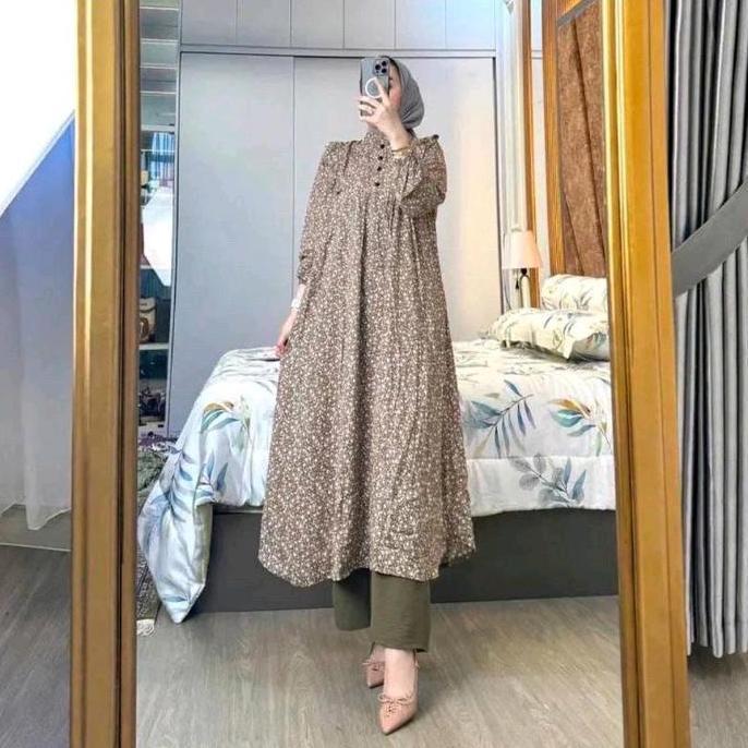 Set Tunik Wanita  One Set Long Tunik Kancing Motif / Bahan Atasan Rayon Diamond Mix Crinkle Airflow 