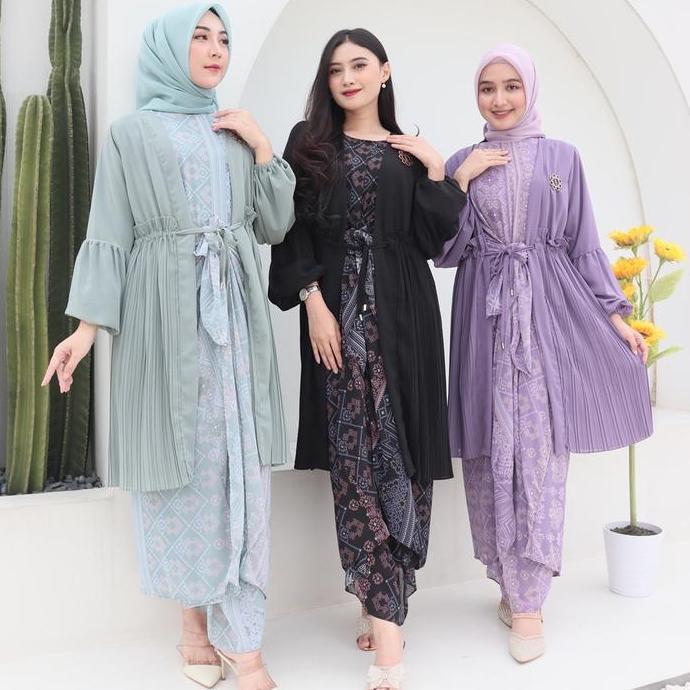 SET ZALVA KAFTAN IKAT CERUTI MOTIF PLISKET GIES 168 KAFTAN DRESS KEKINIAN Dress Fit Muslim Kondangan