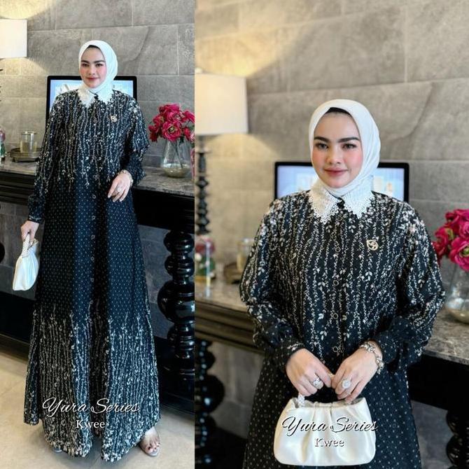 YURA DRESS HITAM KERAH KEMEJA LACE BRUKAT IMPORT KANCING AKTIF MOTIF BUNGA MEWAH KEKINIAN AMORE BY R