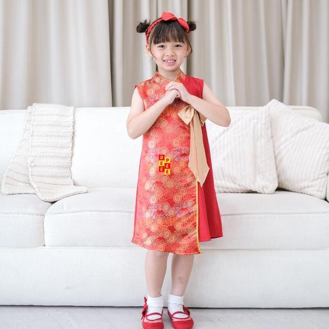 Kimmy Dress, Cheongsam dress imlek anak untuk 1-12 Tahun bahan Sutra motif, dan Katun Twill by deepe
