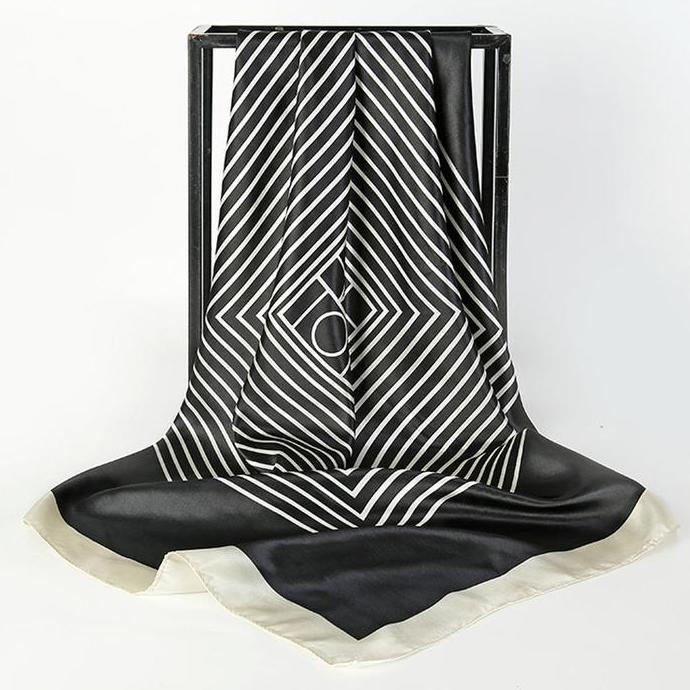 90*90cm Syal Sutra Imitasi Shawl Hijab Segi Empat Besar Wanita Temperamen Sederhana Bergaris Scarf S