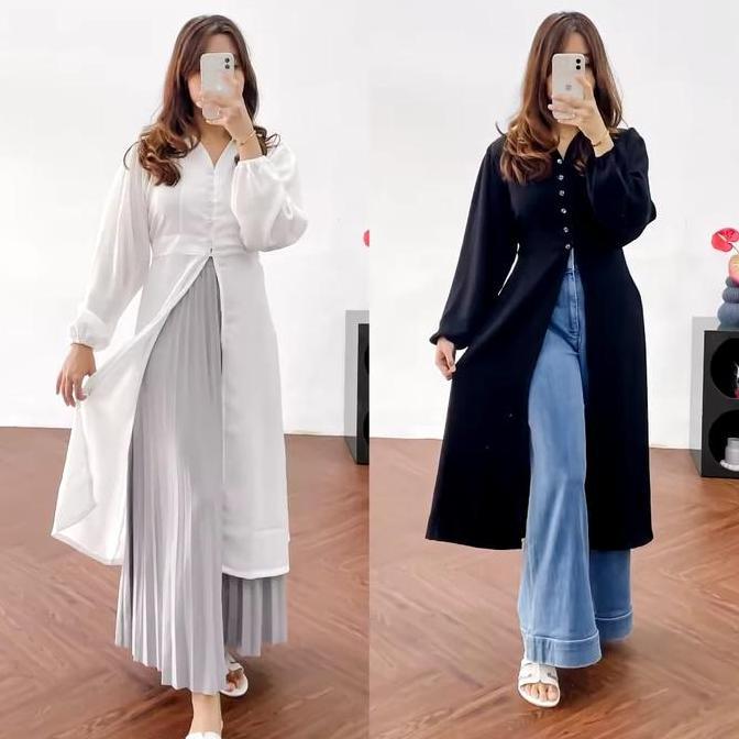 Grade Ori Tunik Ayana Atasan Wanita Outer Bahan Polo Linen Lengan Karet Muslim Polos Kerah Panjang B