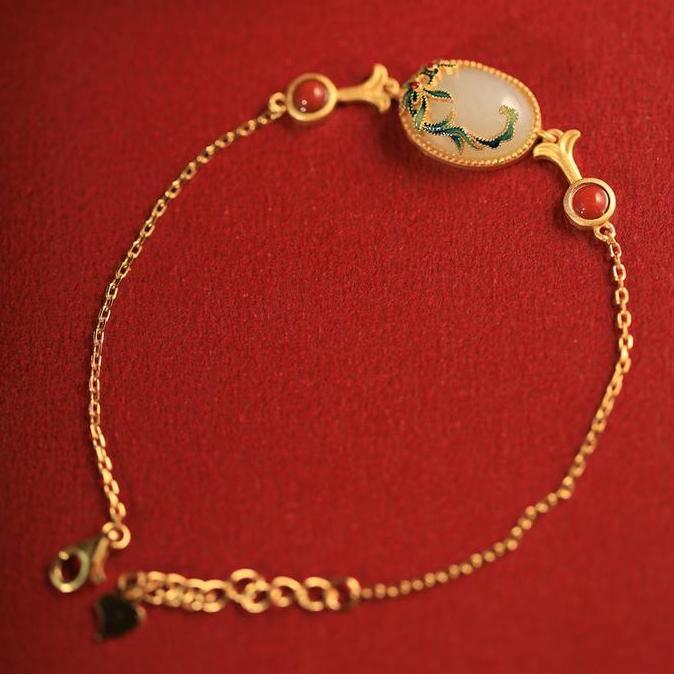 Gelang giok Hetian bertatahkan emas kuno untuk wanita dengan aksesoris fashion dicat temperamen retr
