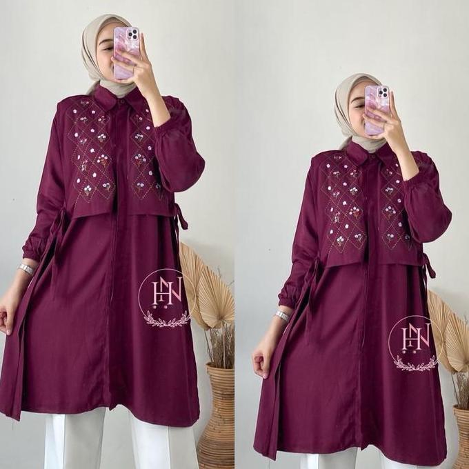 Unik Savia Tunik Panjang Kancing Variasi Bordir Rayon Twill Motif Rompi Tunik Wanita Muslim