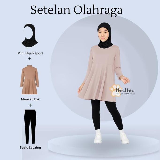 Setelan Olahraga Mini Hijab Sport + Manset Rok + Legging