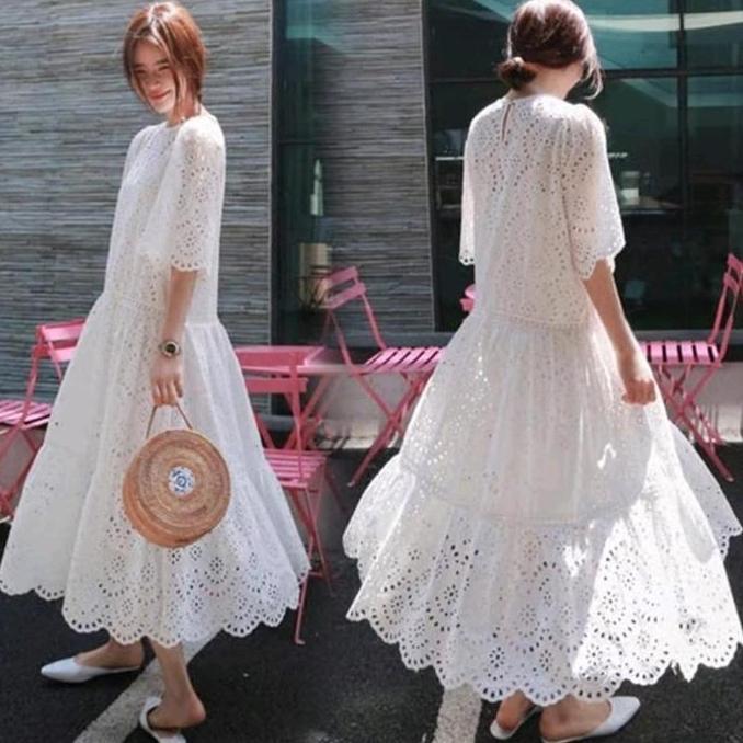 14017 ESTONIA LACE MAXI DRESS BROKAT KATUN BOLONG PUTIH RENDA OOTD KEKINIAN FASHION GAUN IMPORT Pant