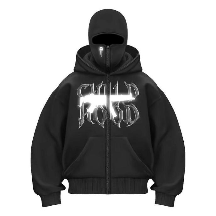 Childhood Hoodie Balaclava Zipper Reflektif Sablon Nyala Frenemy Jaket Boxy Hitam Pria Wanita