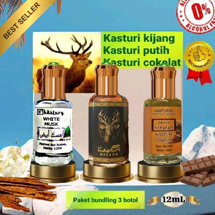 Mist- Best Seller Paket 3 Botol Parfum Kasturi Kijang 12Ml |Kasturi Putih 12Ml | Kasturi Cokelat 12M
