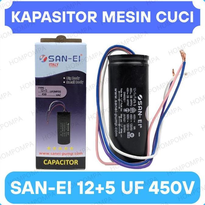 KAPASITOR MESIN CUCI 12+5 UF SANEI ORIGINAL - CAPACITOR MESIN CUCI 2 TABUNG 5 UF + 12 UF 450V TERBAR