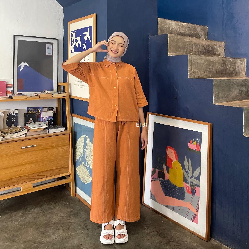 April Set Linen - One Set Wanita - Celana Kulot - Baju Wanita - Blouse Kemeja Wanita Linen - Kulot L