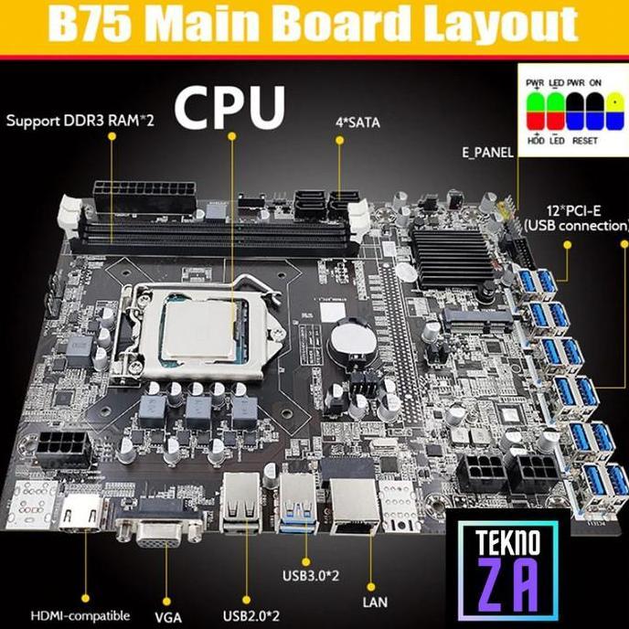 HARGA DISC - Mining Motherboard 12 VGA B75-USB 12 USB PCIE Slot + 2x 6pin PCIe ATX