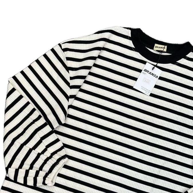 BRANZA - Kaos Wanita Lengan Karet Semi Crop Top - Katun Nyaman Allsize Baju Balon Kerah Bulat Garis 