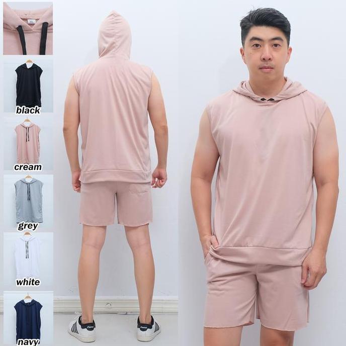 DB71 - OneSet Celana Pendek sama Hoodie Singlet Topi Polos Fuzie Pria Dewasa Trendy
