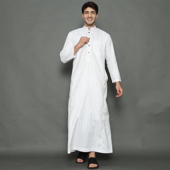 REV Gamis Jubah Pria Dewasa Putih Motif Salur Bulat Fashion Muslim Pria Katun Premium